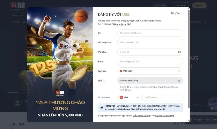 Đăng Ký M88 Nhanh Chóng Để Tham Gia Cá Cược Đỉnh Cao Hôm Nay 2 Giao diện đăng Ký M88